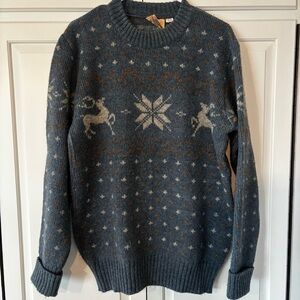 Vintage Icelandic Jumper Blue Wool Knit Sweater Reindeer Snowflakes 52 54 L